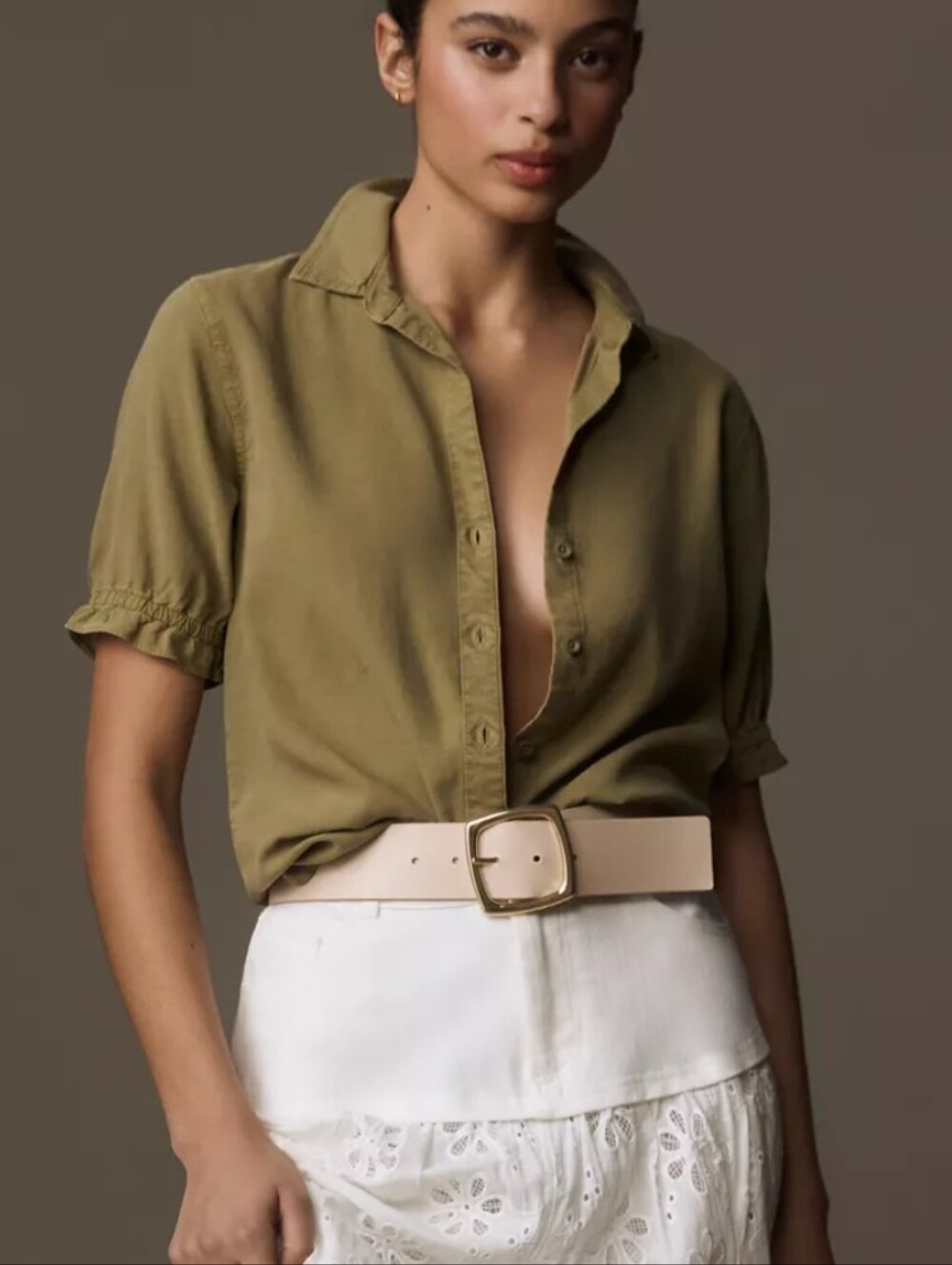 Anthropologie Cloth & Stone Green Puff Sleeve Button Down Tencel Shirt SZ Large